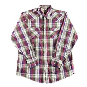 Western Frontier Mens XXL Tall Plaid Pearl Snap Western Shirt Purple Green USA